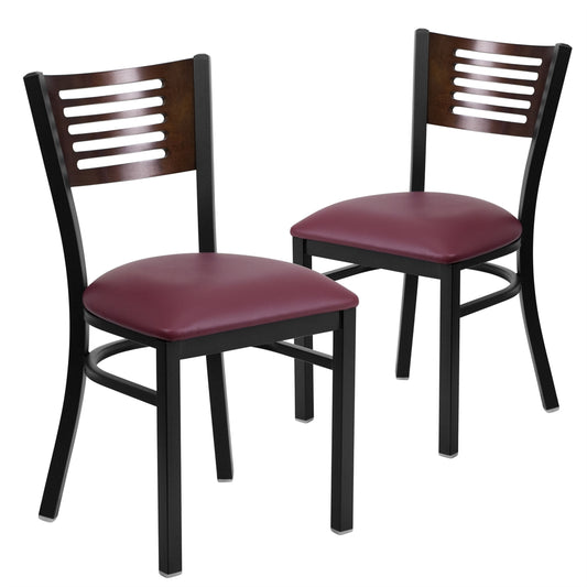 2 Pk. HERCULES Series Black Decorative Slat Back Metal Restaurant Chair - Walnut Wood Back, Burgundy Vinyl Seat