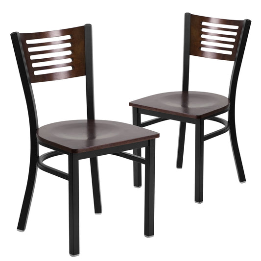 2 Pk. HERCULES Series Black Decorative Slat Back Metal Restaurant Chair - Walnut Wood Back & Seat