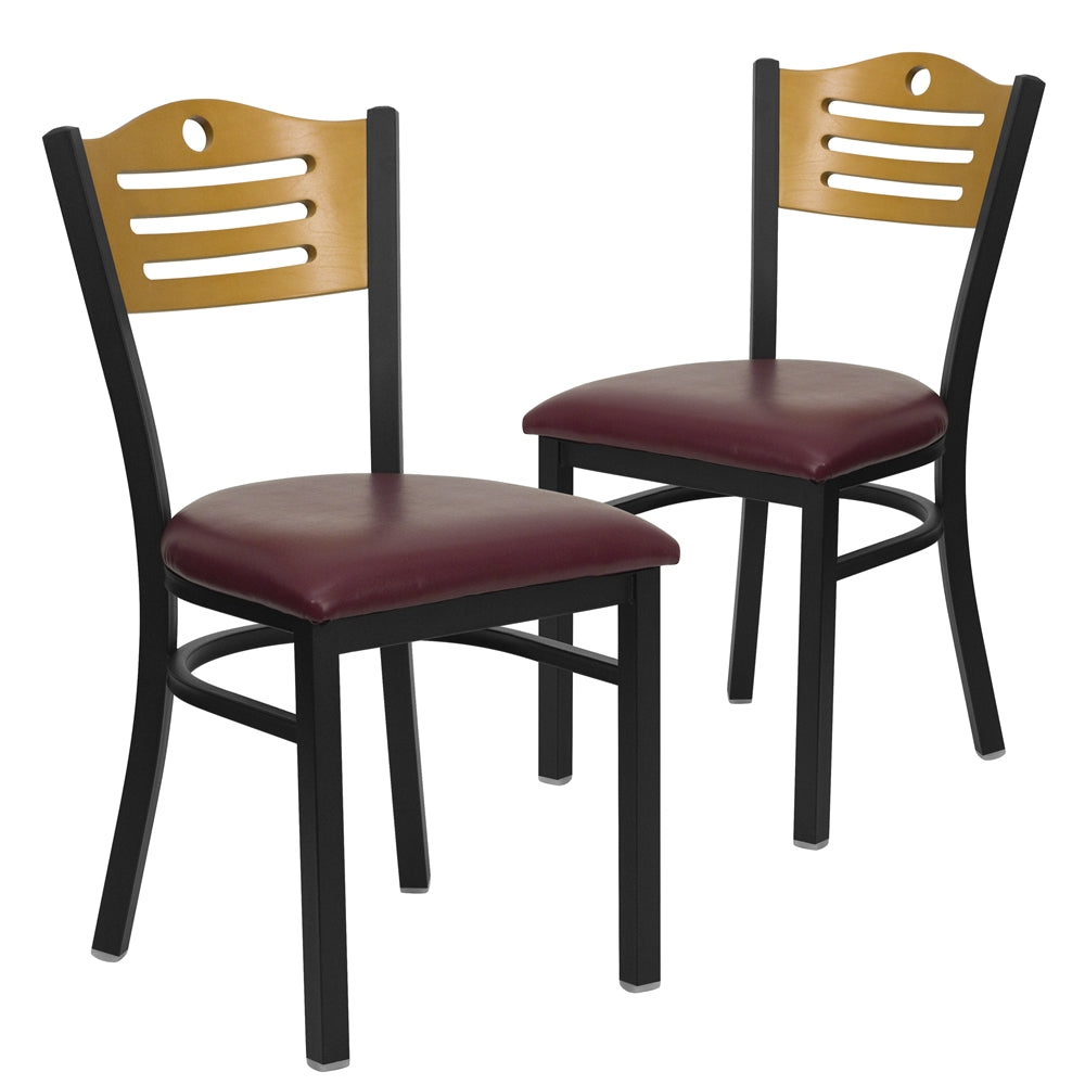 2 Pk. HERCULES Series Black Slat Back Metal Restaurant Chair - Natural Wood Back, Burgundy Vinyl Seat