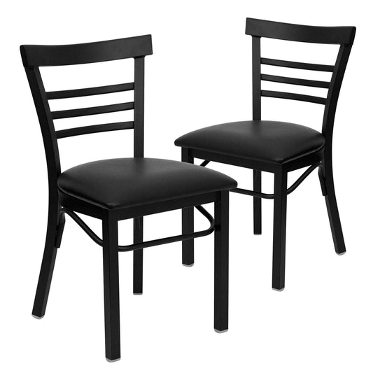 2 Pk. HERCULES Series Black Ladder Back Metal Restaurant Chair - Black Vinyl Seat