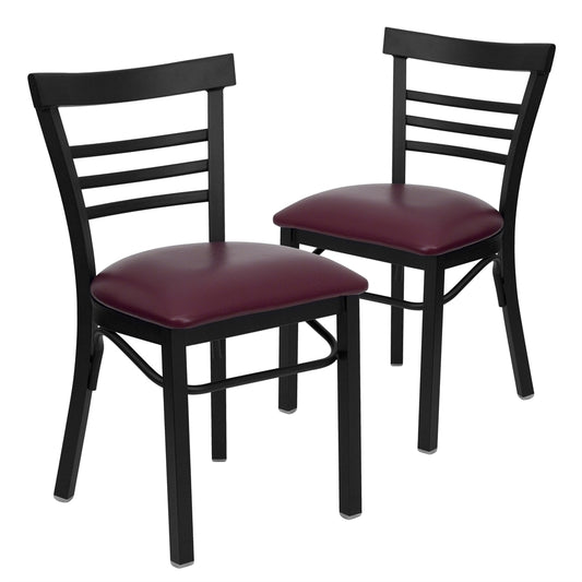 2 Pk. HERCULES Series Black Ladder Back Metal Restaurant Chair - Burgundy Vinyl Seat