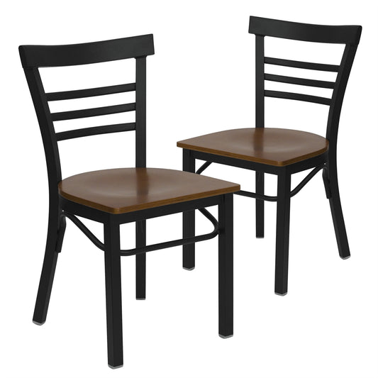 2 Pk. HERCULES Series Black Ladder Back Metal Restaurant Chair - Cherry Wood Seat