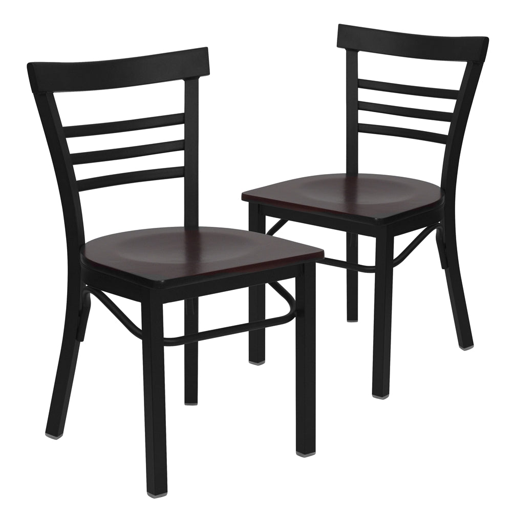 2 Pk. HERCULES Series Black Ladder Back Metal Restaurant Chair - Mahogany Wood Seat