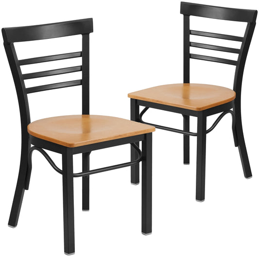 2 Pk. HERCULES Series Black Ladder Back Metal Restaurant Chair - Natural Wood Seat