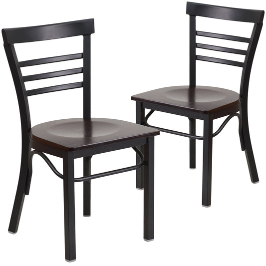 2 Pk. HERCULES Series Black Ladder Back Metal Restaurant Chair - Walnut Wood Seat