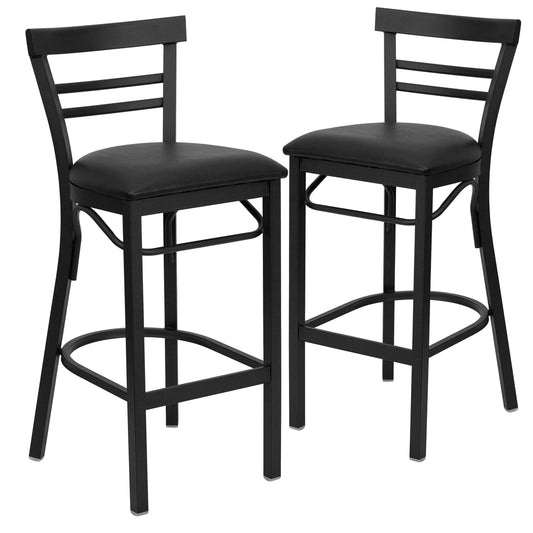 2 Pk. HERCULES Series Black Ladder Back Metal Restaurant Barstool - Black Vinyl Seat