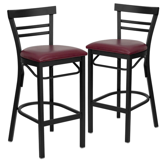 2 Pk. HERCULES Series Black Ladder Back Metal Restaurant Barstool - Burgundy Vinyl Seat