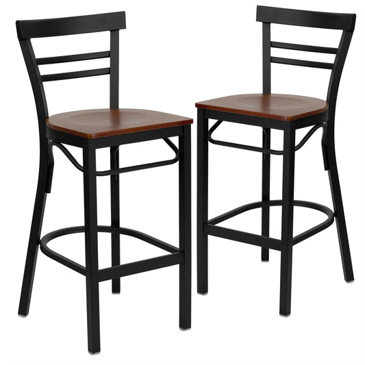 2 Pk. HERCULES Series Black Ladder Back Metal Restaurant Barstool - Cherry Wood Seat