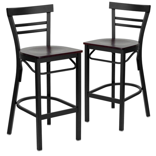 2 Pk. HERCULES Series Black Ladder Back Metal Restaurant Barstool - Mahogany Wood Seat