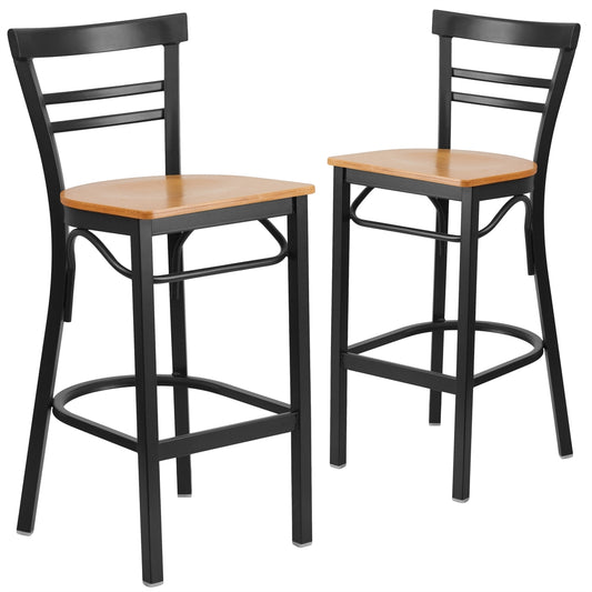 2 Pk. HERCULES Series Black Ladder Back Metal Restaurant Barstool - Natural Wood Seat