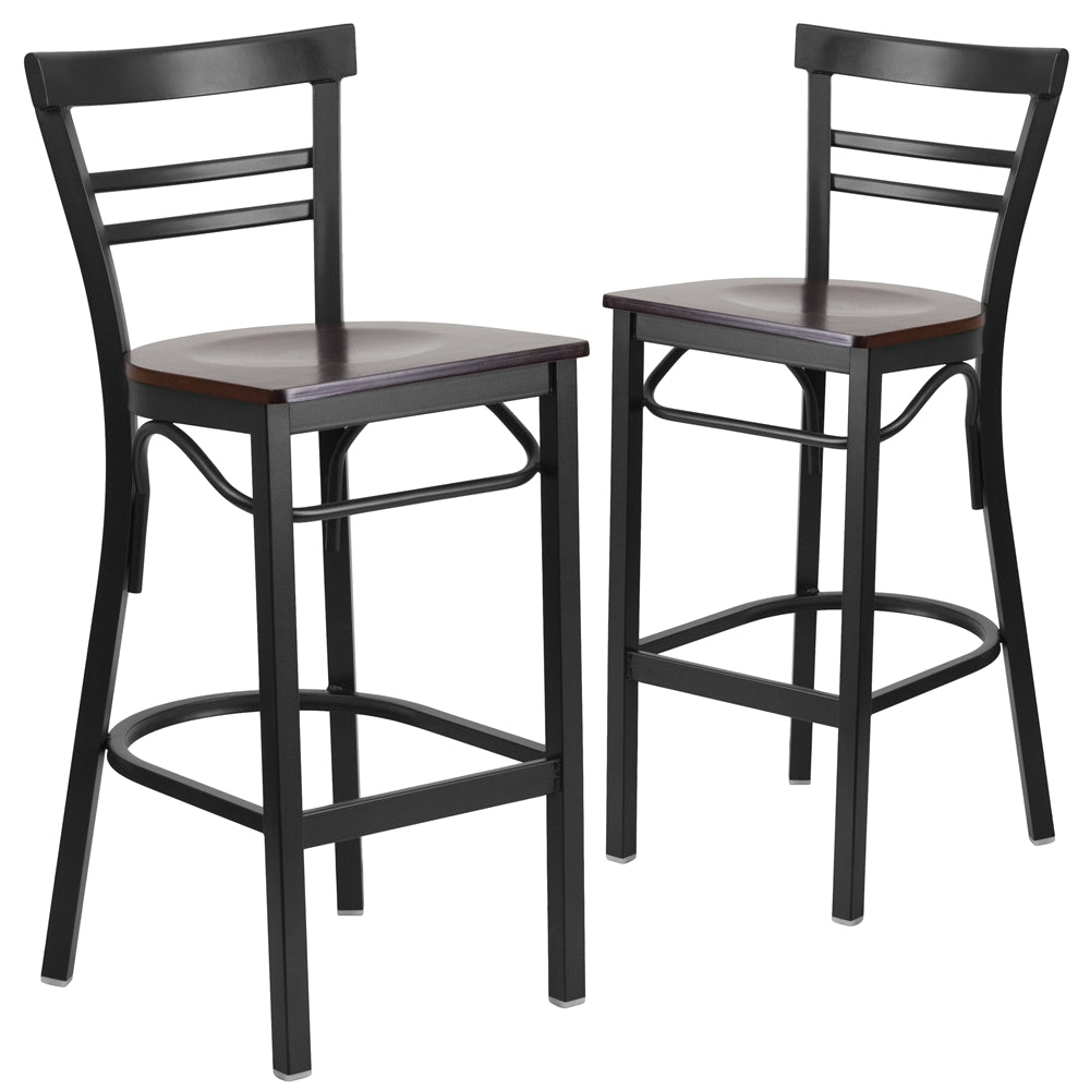 2 Pk. HERCULES Series Black Ladder Back Metal Restaurant Barstool - Walnut Wood Seat