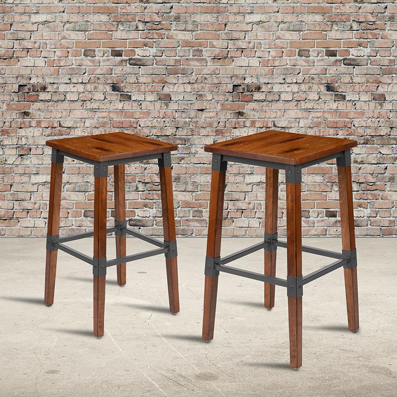 2 Pack Rustic Antique Walnut Industrial Wood Dining Backless Barstool