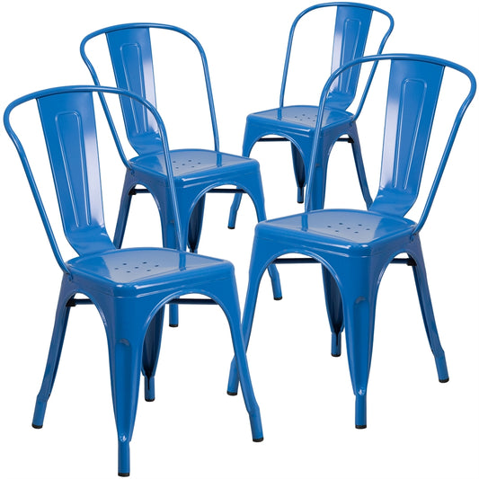 4 Pk. Blue Metal Indoor-Outdoor Stackable Chair