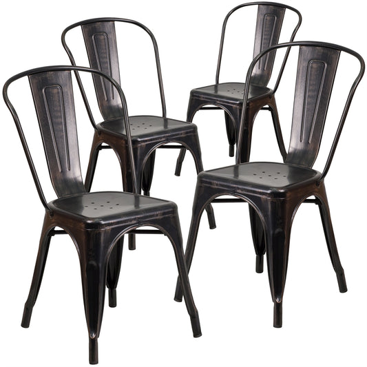 4 Pk. Black-Antique Gold Metal Indoor-Outdoor Stackable Chair