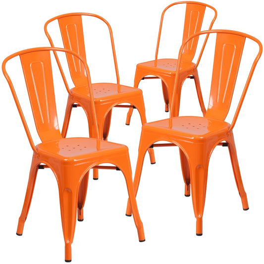 4 Pk. Orange Metal Indoor-Outdoor Stackable Chair