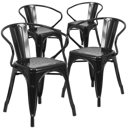 4 Pk. Black Metal Indoor-Outdoor Chair with Arms