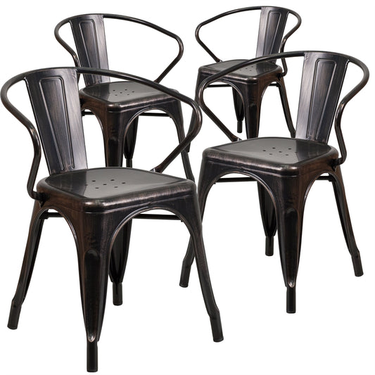 4 Pk. Black-Antique Gold Metal Indoor-Outdoor Chair with Arms