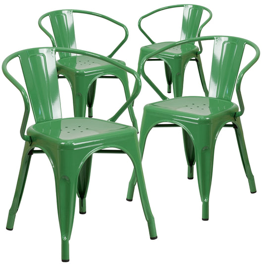 4 Pk. Green Metal Indoor-Outdoor Chair with Arms