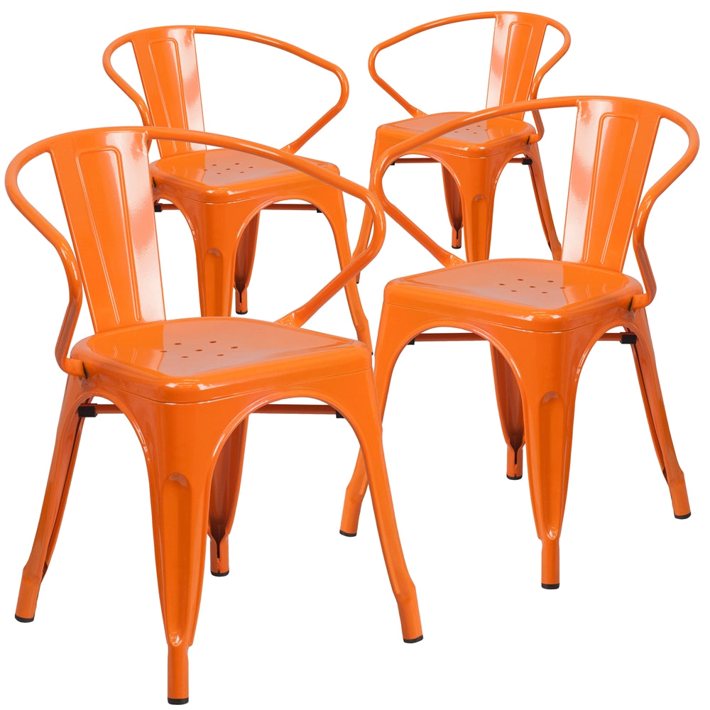 4 Pk. Orange Metal Indoor-Outdoor Chair with Arms