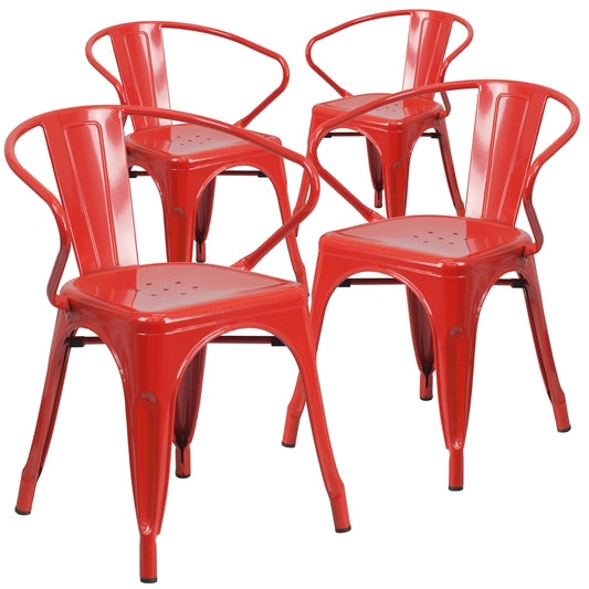 4 Pk. Red Metal Indoor-Outdoor Chair with Arms