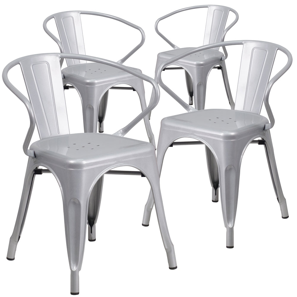 4 Pk. Silver Metal Indoor-Outdoor Chair with Arms