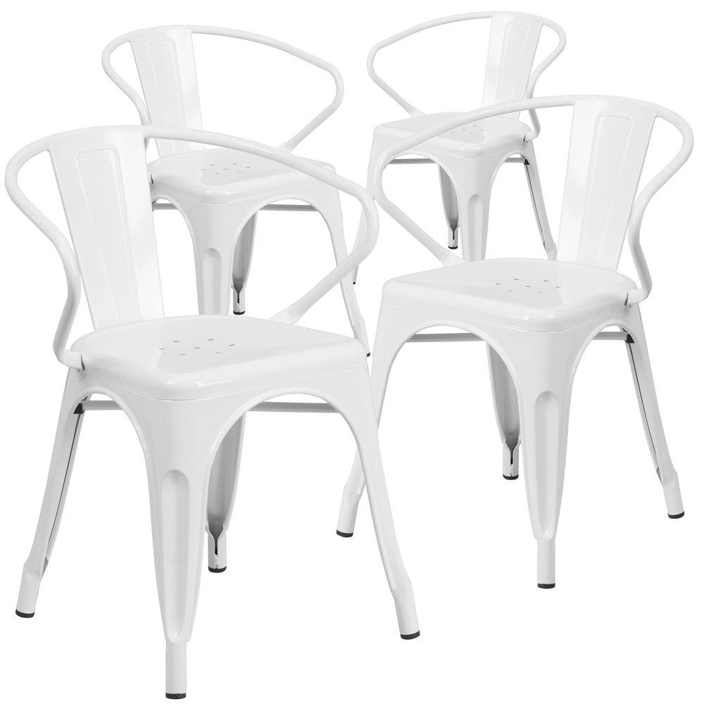 4 Pk. White Metal Indoor-Outdoor Chair with Arms