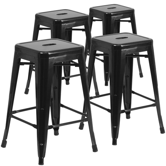 4 Pk. 24'' High Backless Black Metal Indoor-Outdoor Counter Height Stool with Square Seat