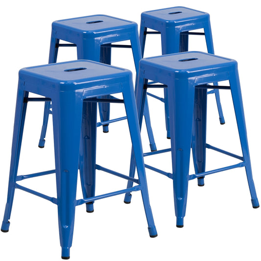 4 Pk. 24'' High Backless Blue Metal Indoor-Outdoor Counter Height Stool with Square Seat