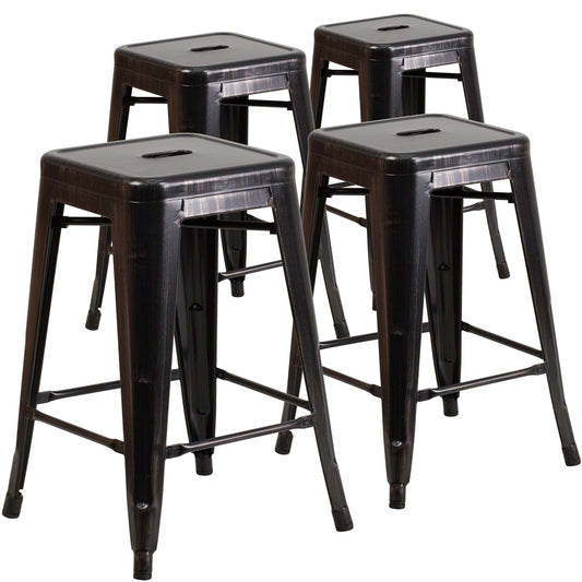 4 Pk. 24'' High Backless Black-Antique Gold Metal Indoor-Outdoor Counter Height Stool with Square Seat