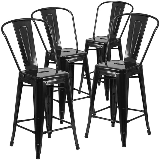 4 Pk. 24'' High Black Metal Indoor-Outdoor Counter Height Stool with Back