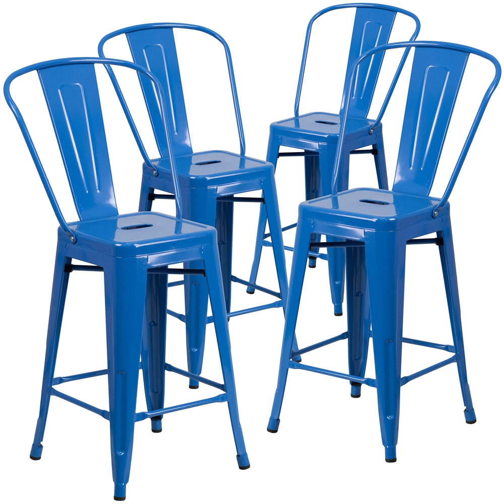 4 Pk. 24'' High Blue Metal Indoor-Outdoor Counter Height Stool with Back