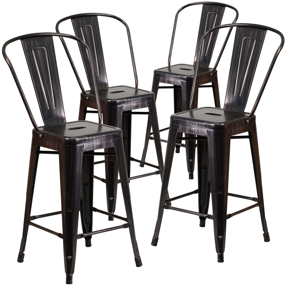 4 Pk. 24'' High Black-Antique Gold Metal Indoor-Outdoor Counter Height Stool with Back