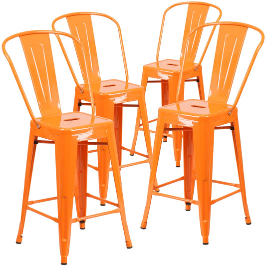 4 Pk. 24'' High Orange Metal Indoor-Outdoor Counter Height Stool with Back