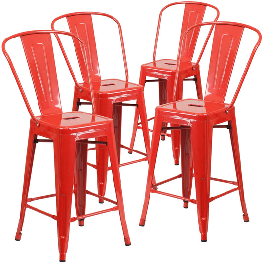 4 Pk. 24'' High Red Metal Indoor-Outdoor Counter Height Stool with Back