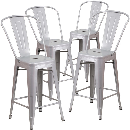 4 Pk. 24'' High Silver Metal Indoor-Outdoor Counter Height Stool with Back