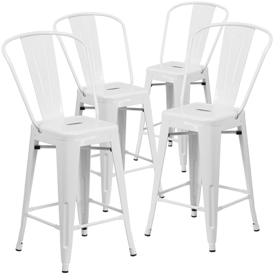 4 Pk. 24'' High White Metal Indoor-Outdoor Counter Height Stool with Back