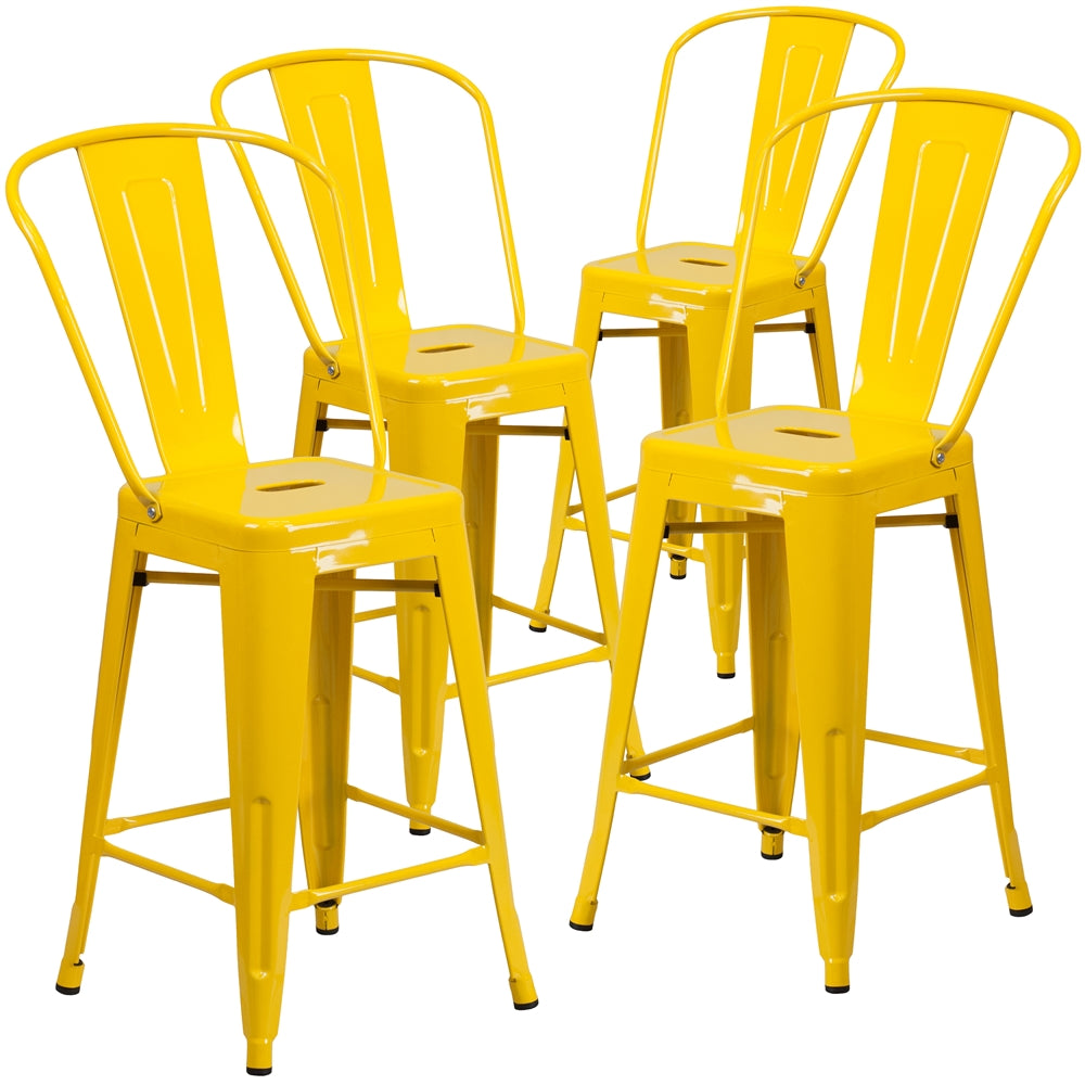 4 Pk. 24'' High Yellow Metal Indoor-Outdoor Counter Height Stool with Back