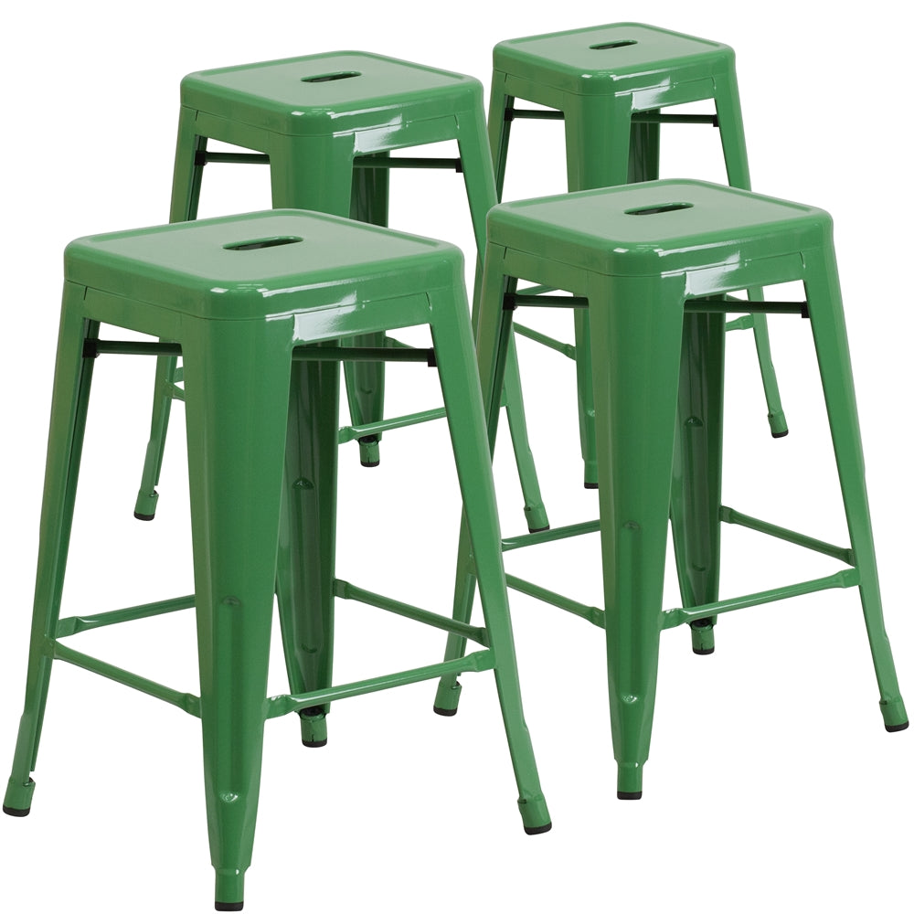 4 Pk. 24'' High Backless Green Metal Indoor-Outdoor Counter Height Stool with Square Seat