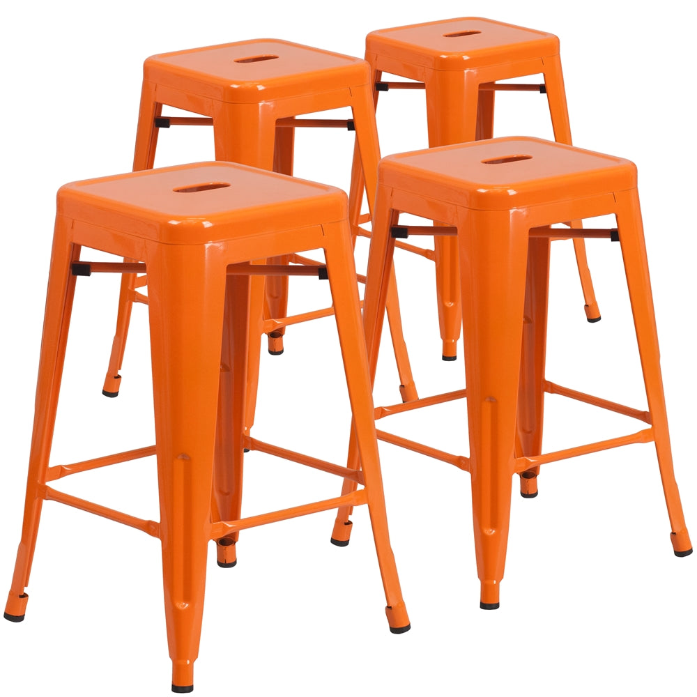 4 Pk. 24'' High Backless Orange Metal Indoor-Outdoor Counter Height Stool with Square Seat