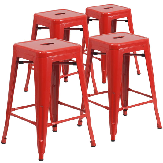 4 Pk. 24'' High Backless Red Metal Indoor-Outdoor Counter Height Stool with Square Seat