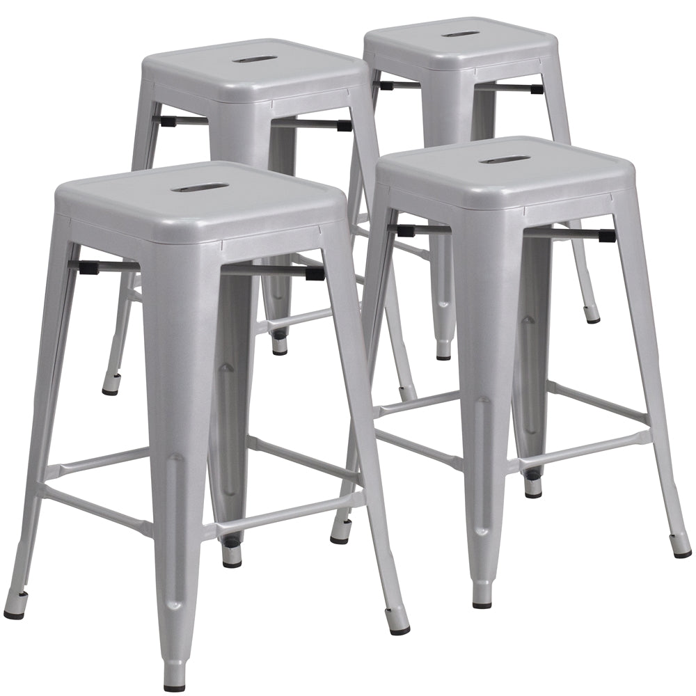 4 Pk. 24'' High Backless Silver Metal Indoor-Outdoor Counter Height Stool with Square Seat