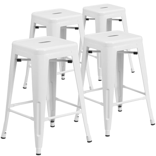 4 Pk. 24'' High Backless White Metal Indoor-Outdoor Counter Height Stool with Square Seat