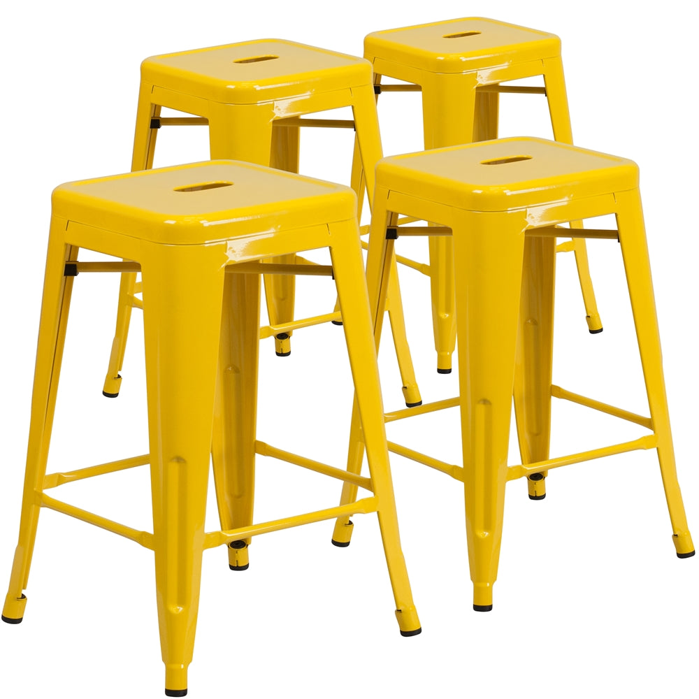 4 Pk. 24'' High Backless Yellow Metal Indoor-Outdoor Counter Height Stool with Square Seat