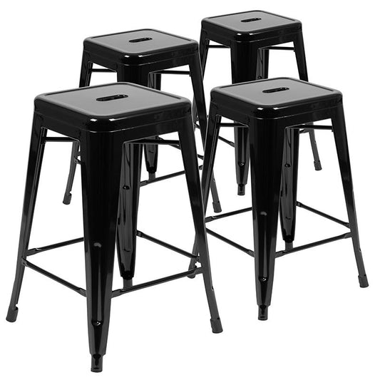 24" High Metal Counter-Height, Indoor Bar Stool in Black - Stackable Set of 4