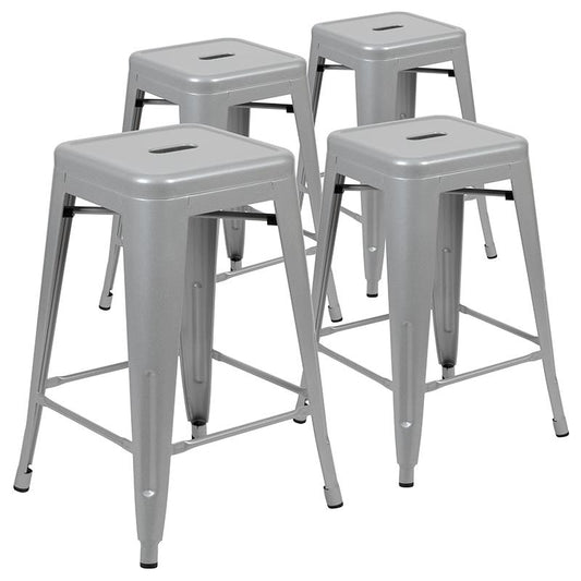 24" High Metal Counter-Height, Indoor Bar Stool in Silver - Stackable Set of 4