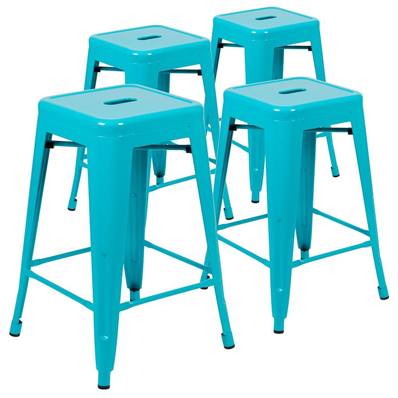 24" High Metal Counter-Height, Indoor Bar Stool in Teal - Stackable Set of 4