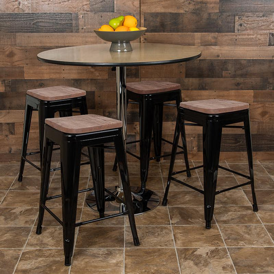 24" High Metal Counter-Height, Indoor Bar Stool with Wood Seat in Black - Stackable Set of 4