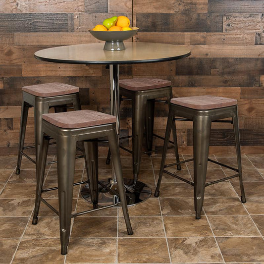 24" High Metal Counter-Height, Indoor Bar Stool with Wood Seat in Gun Metal Gray - Stackable Set of 4