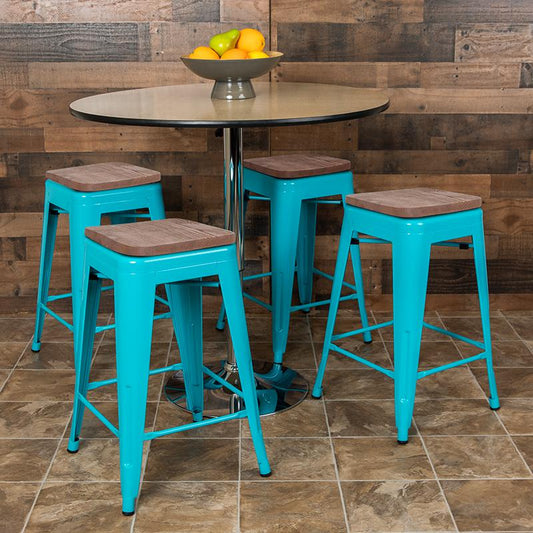 24" High Metal Counter-Height, Indoor Bar Stool with Wood Seat in Teal - Stackable Set of 4