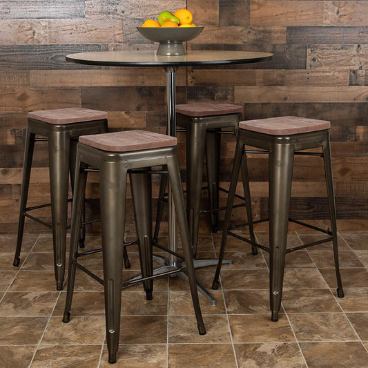 30" High Metal Indoor Bar Stool with Wood Seat in Gun Metal Gray - Stackable Set of 4